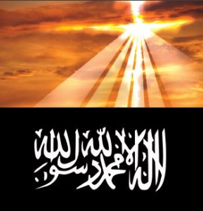 Above, the cross symbolizes the Kingdom of God, below, the flag of the Khilafah, or Islamic state. One is a kingdom of Light, the other, a kingdom of darkness. Above, the cross symbolizes the Kingdom of God, below, the flag of the Khilafah, or Islamic state. One is a kingdom of Light, the other, a kingdom of darkness.