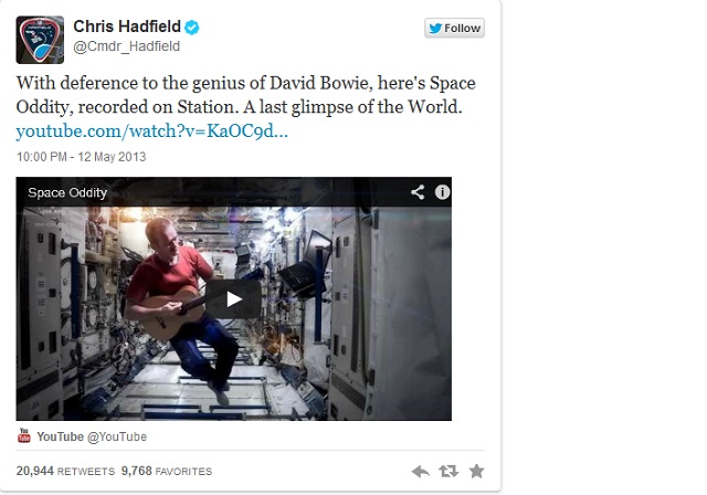 Chris Hadfield tweeted 'With deference to the genius of David Bowie, here's Space Oddity, recorded on Station. A last glimpse of the World. '