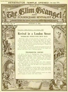 The Elim Evangel wrote about the reopening of the building after renovation in the issue of 21st August 1931. ?The service, which was conducted by Principal George Jeffreys, our beloved leader, was timed to commence at 7.30pm, but hours before that time the crowds began to gather until there as around the building numbering was something like fifteen hundred happy, smiling, and enthusiastic folk waiting to get in for the opening service? Then the congregation moved inside, sitting and standing in the passage of a church which had tip-up seats and emergency exits, and in which the singing was led by a piano, a violin, and a cornet.?