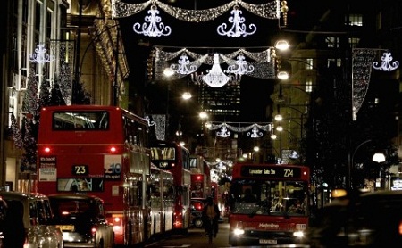 The Christmas lights on Oxford Street, London. The Christmas lights on Oxford Street, London.